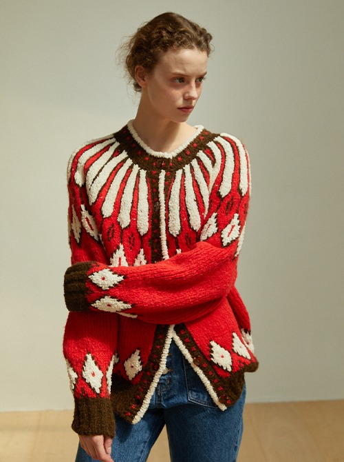 Terry Ethnic Alpaca Wool Cardigan (Red)