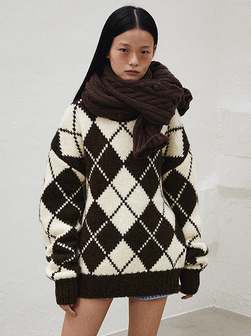 Argyle Knit Pullover (Cream/Brown)