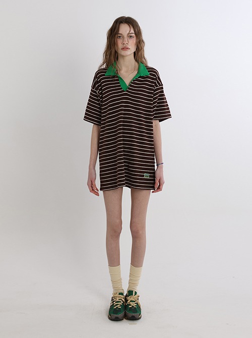 Terry Stripe Collar Dress (Brown/Green)